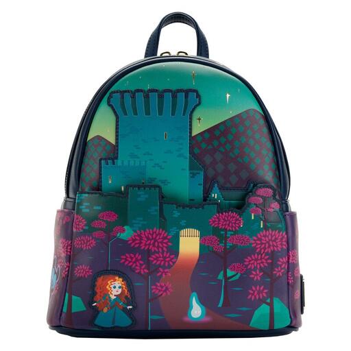 Dark blue and purple mini backpack featuring the image of Merida's castle with Merida standing at the end of a path following a Will-o'-the-Wisp